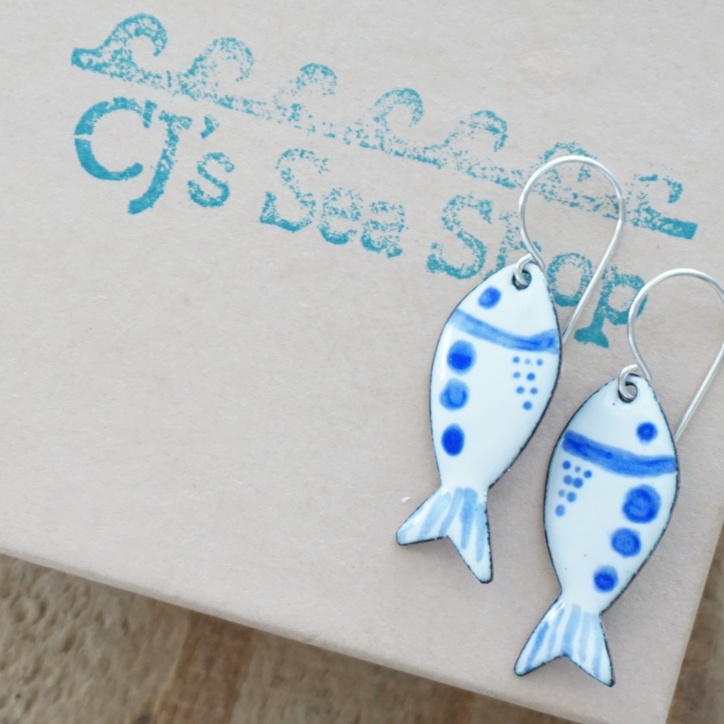 White and Blue Enamel Fish Earrings