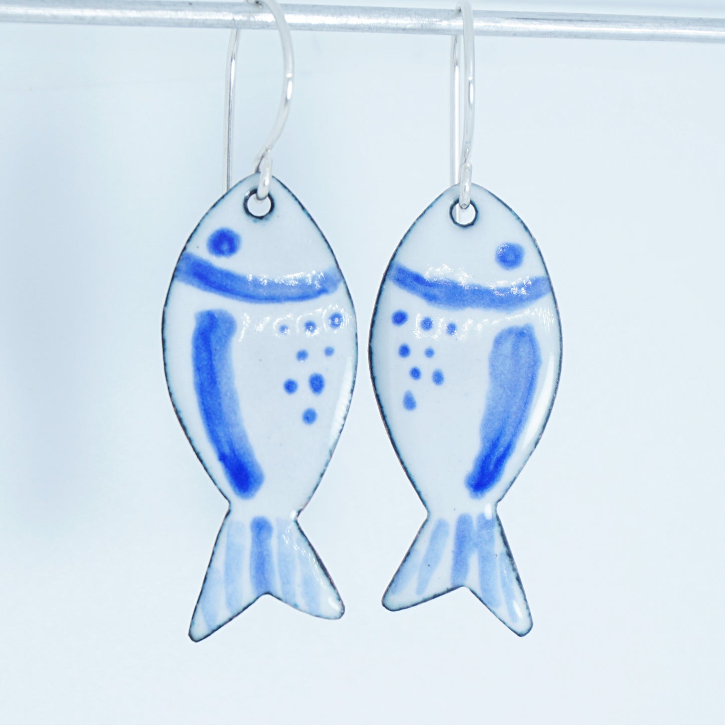 White and Blue Enamel Fish Earrings