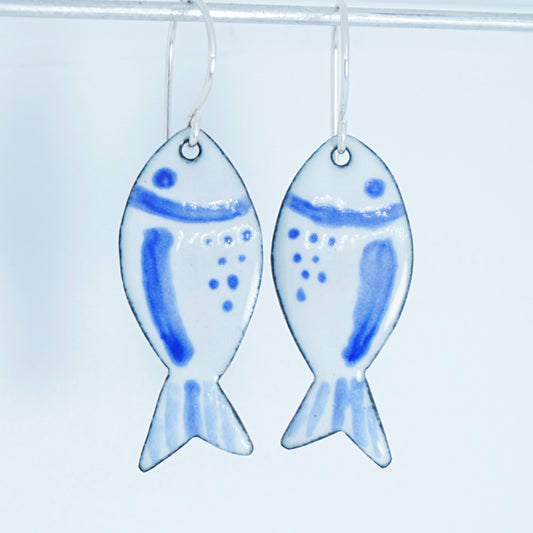 White and Blue Enamel Fish Earrings