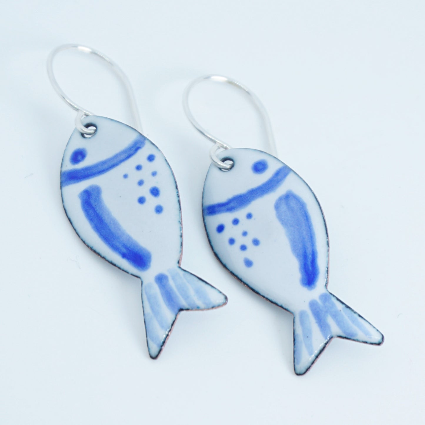 White and Blue Enamel Fish Earrings