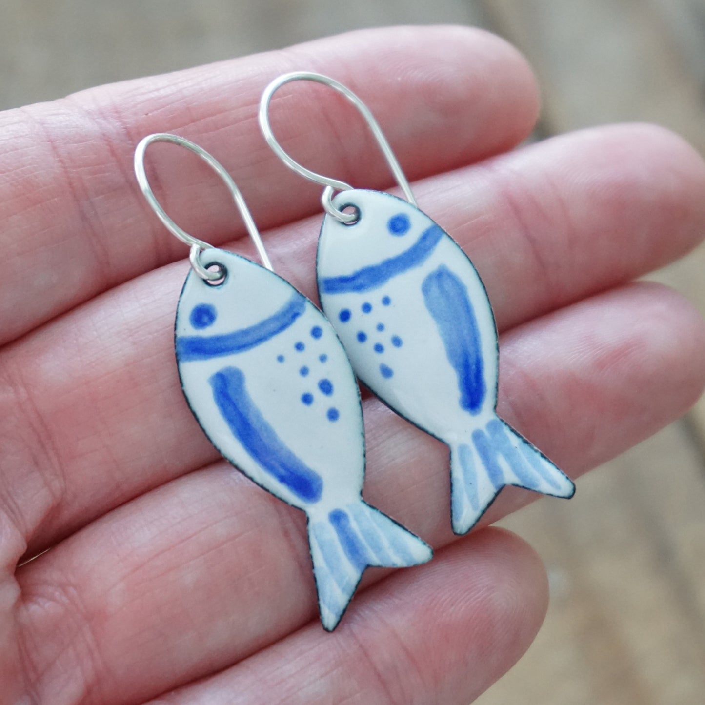 White and Blue Enamel Fish Earrings