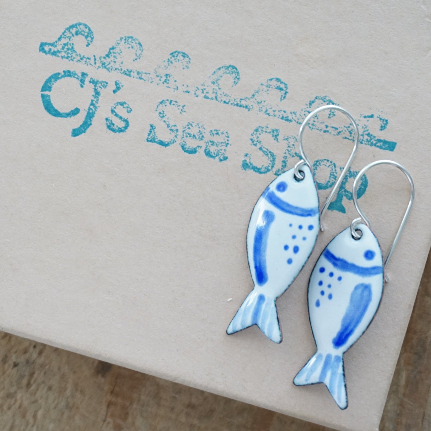 White and Blue Enamel Fish Earrings