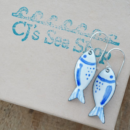 White and Blue Enamel Fish Earrings