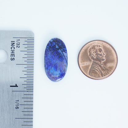 Blue oval stone next to a penny and ruler for size comparison on a white background