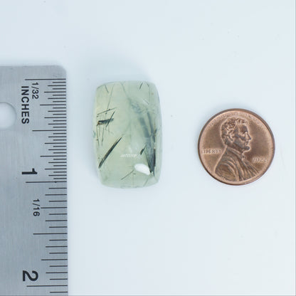 Green stone with black markings next to a ruler and penny on a white background