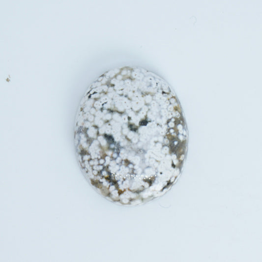 Oval-shaped ocean jasper with a textured surface on a light gray background