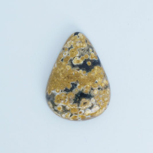 Teardrop-shaped ocean jasper with yellow and black patterns on a light blue background