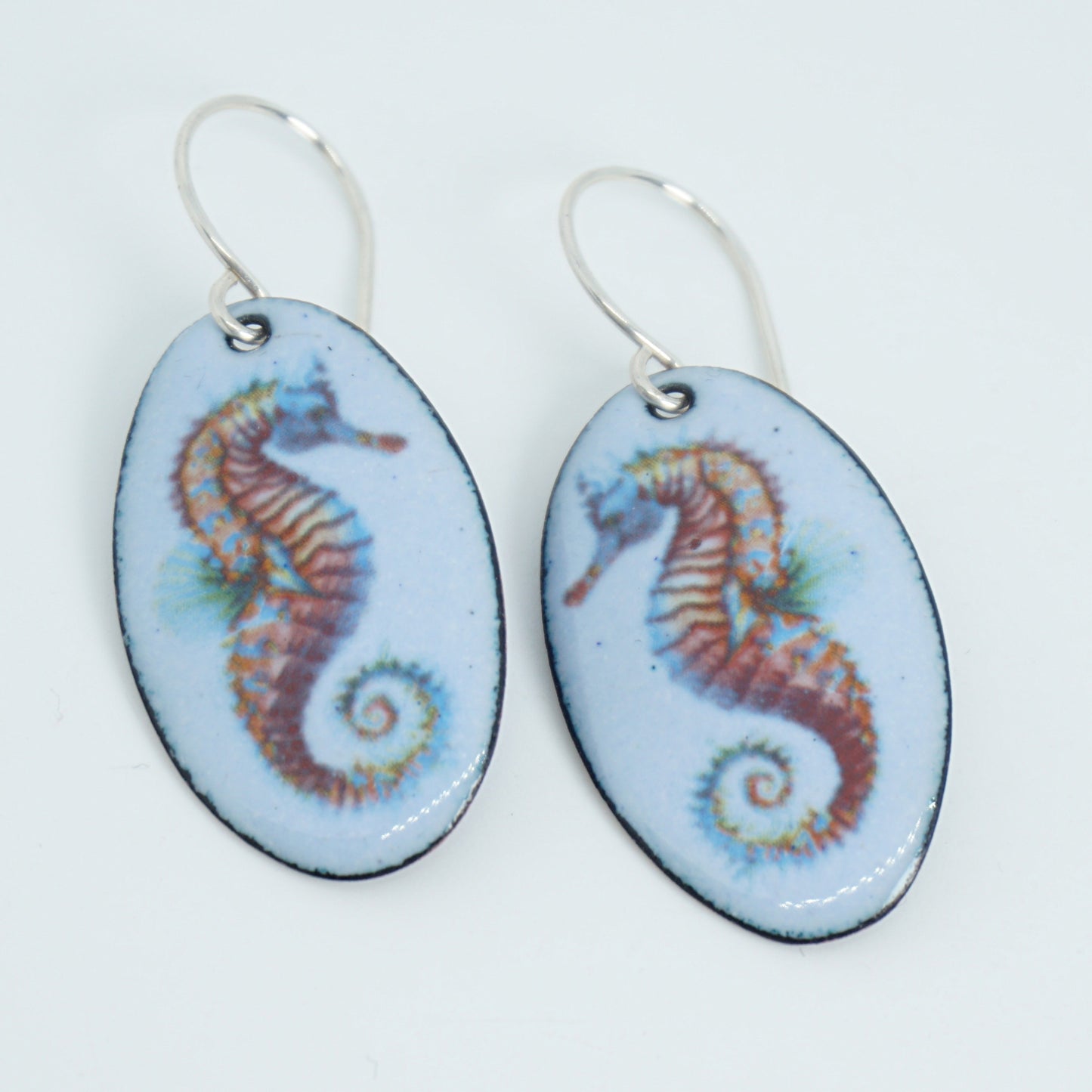 Oval earrings with seahorse design on a white background