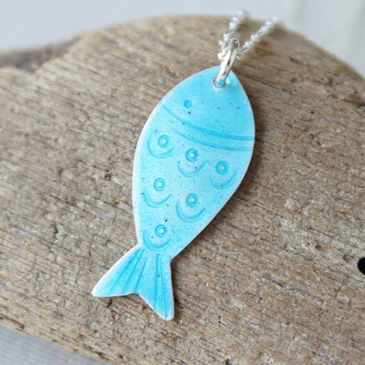 Aqua Blue Enamel Fish Necklace