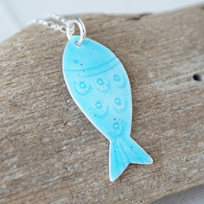 Aqua Blue Enamel Fish Necklace