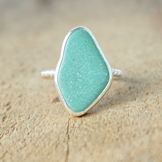 Size 7 3/4 Teal Blue Green Sea Pottery Stacking Ring