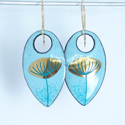 Gold Dandelion on Robin's Egg Blue Enamel Teardrop Earrings