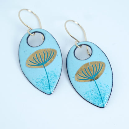 Gold Dandelion on Robin's Egg Blue Enamel Teardrop Earrings