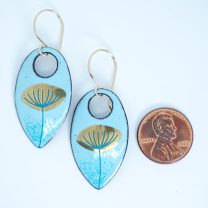 Gold Dandelion on Robin's Egg Blue Enamel Teardrop Earrings