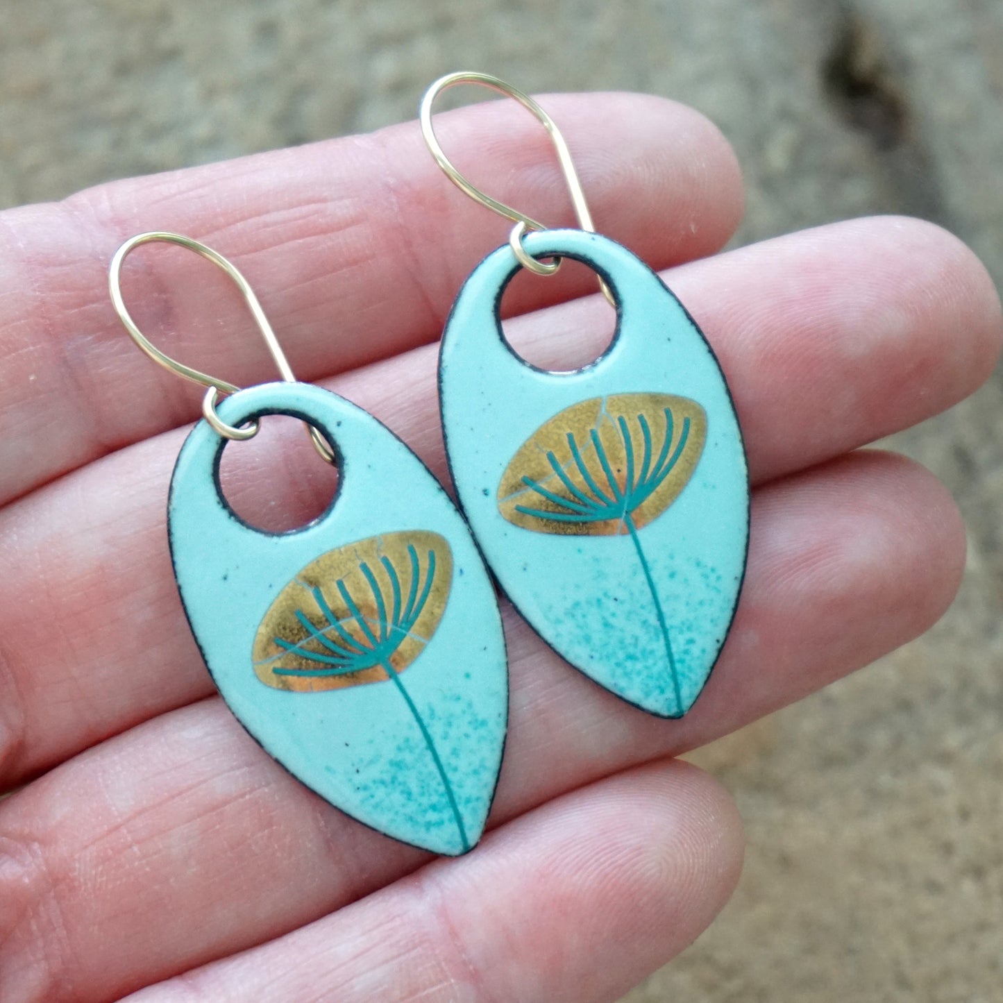 Gold Dandelion on Robin's Egg Blue Enamel Teardrop Earrings