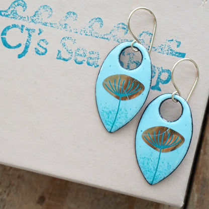 Gold Dandelion on Robin's Egg Blue Enamel Teardrop Earrings