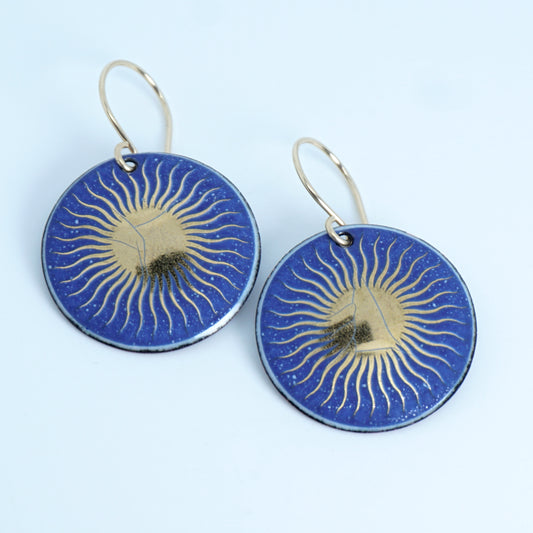 Gold and Blue Sun Accent Enamel Disc Earrings