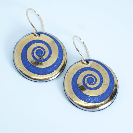 Gold and Blue Spiral Accent Enamel Disc Earrings