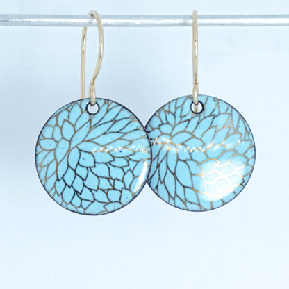 Gold Flower Accents on Robin's Egg Blue Enamel Disc Earrings