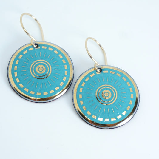 Gold and Teal Green Accents Enamel Disc Earrings