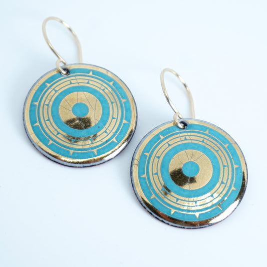 Gold and Teal Green Accents Enamel Disc Earrings
