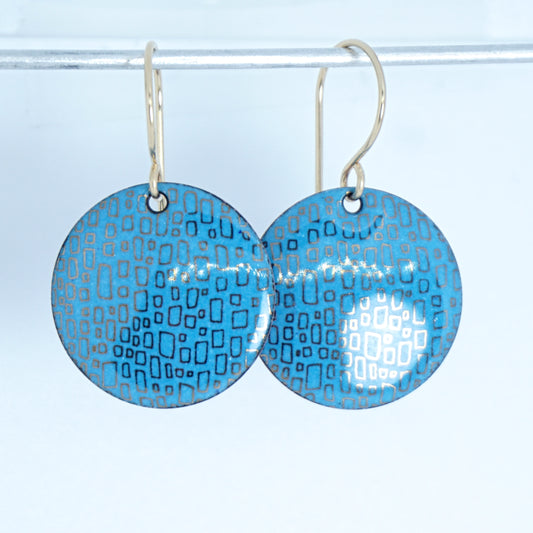 Gold Square Accents on Blue Enamel Disc Earrings