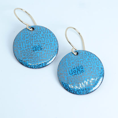 Gold Square Accents on Blue Enamel Disc Earrings