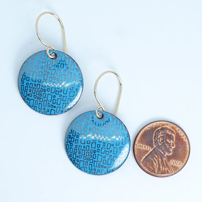 Gold Square Accents on Blue Enamel Disc Earrings