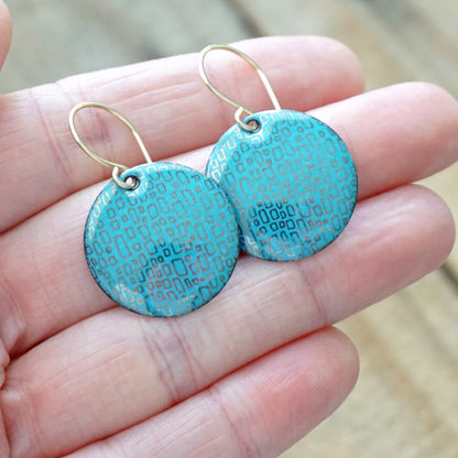 Gold Square Accents on Blue Enamel Disc Earrings