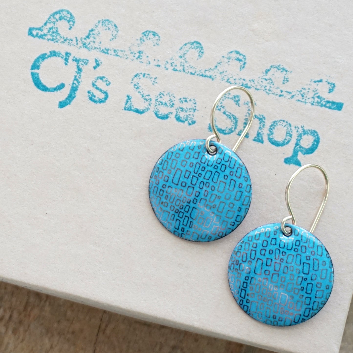 Gold Square Accents on Blue Enamel Disc Earrings