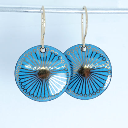 Gold Flowers on Blue Enamel Disc Earrings