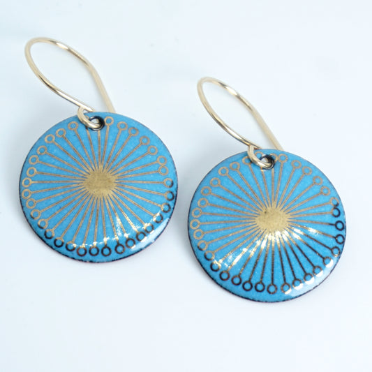 Gold Flowers on Blue Enamel Disc Earrings