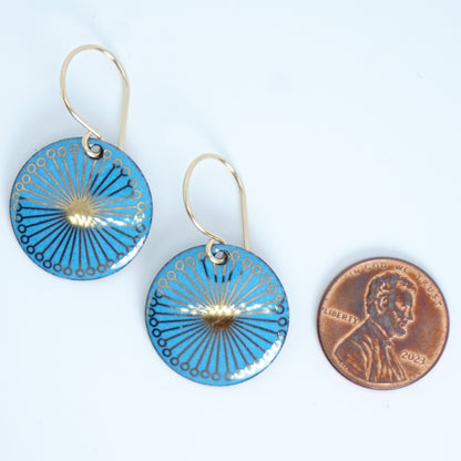 Gold Flowers on Blue Enamel Disc Earrings