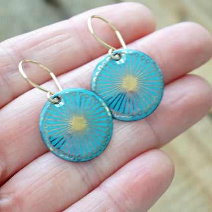 Gold Flowers on Blue Enamel Disc Earrings