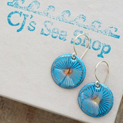 Gold Flowers on Blue Enamel Disc Earrings