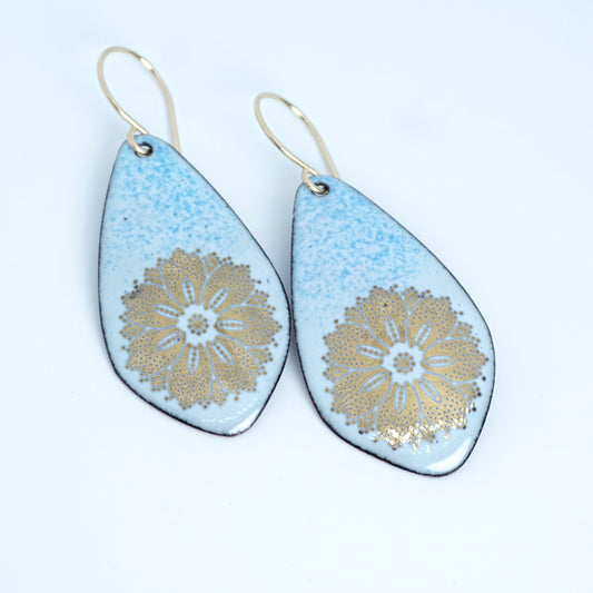 Gold Flowers on Light Blue Enamel Diamond Earrings