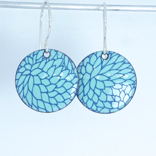 Blue Flower Accents on Seafoam Green Enamel Disc Earrings