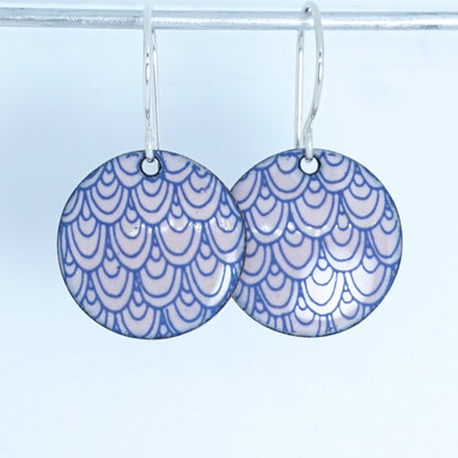 Blue Mermaid Scale Accents on Pink Enamel Disc Earrings