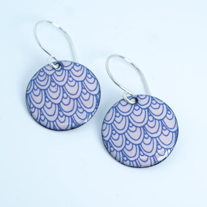 Blue Mermaid Scale Accents on Pink Enamel Disc Earrings