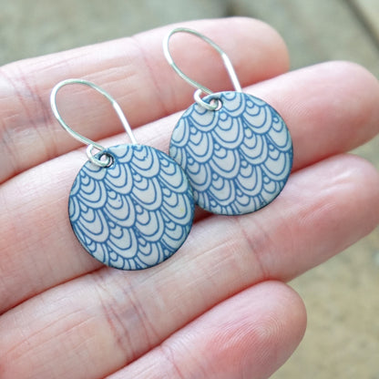 Blue Mermaid Scale Accents on Pink Enamel Disc Earrings