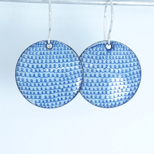 Blue Swirl Accents on Light Blue Enamel Disc Earrings