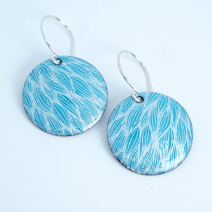 White Leaf Accents on Teal Green Enamel Disc Earrings