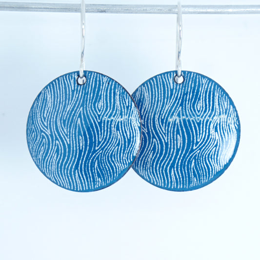 White Line Accents on Peacock Teal Blue Enamel Disc Earrings