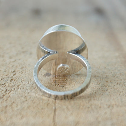 back view of a Multicolored striped ring on a wooden surface
