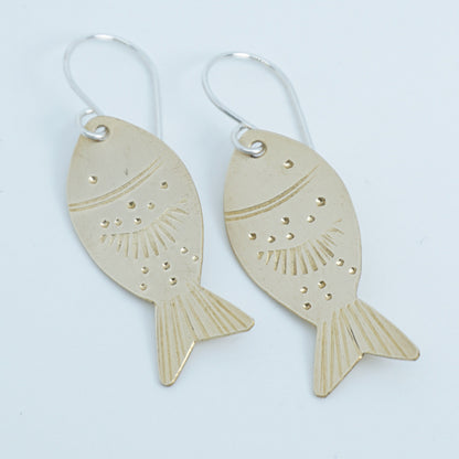 Hand Stamped Brass Fish Earrings