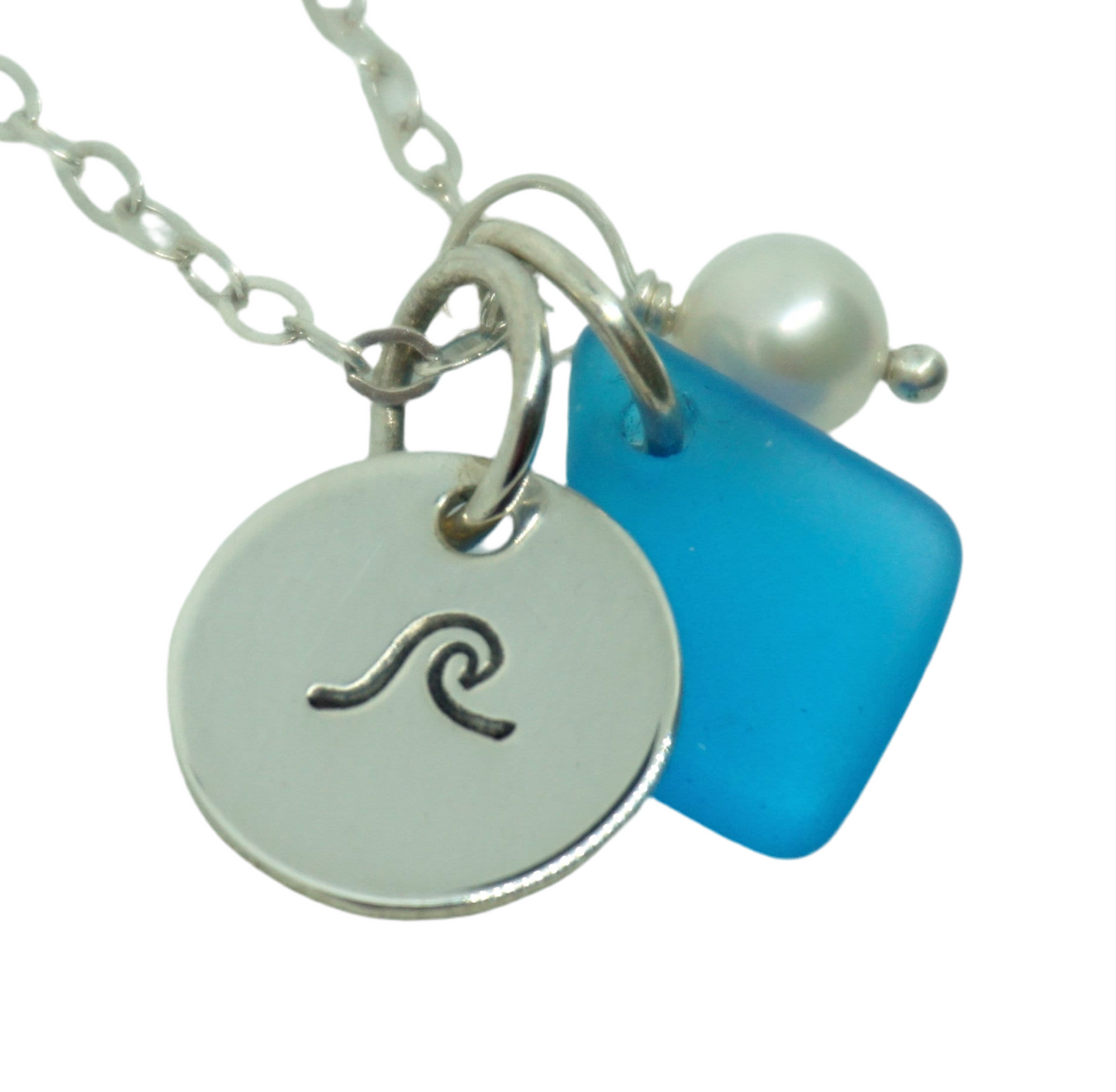 Sterling Silver Wave with Dark Aqua Blue Sea Glass and Pearl Pendant