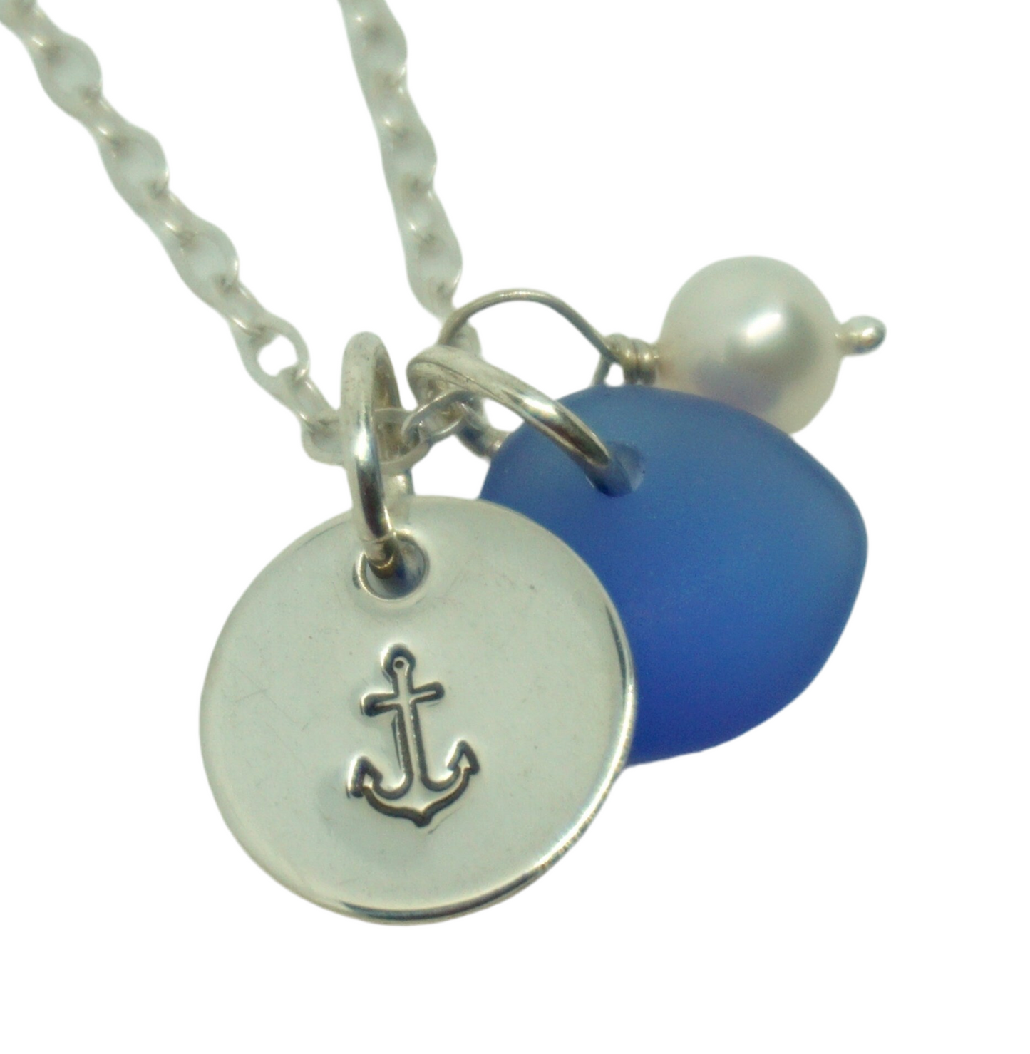 Sterling Silver Anchor with Blue Sea Glass and Pearl Pendant