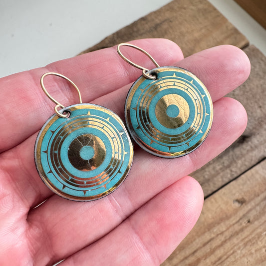 SECONDS/IRREGULAR Gold and Teal Green Accents Enamel Disc Earrings
