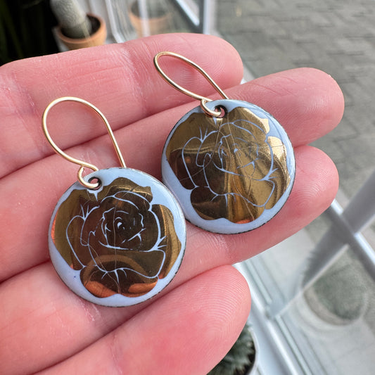 SECONDS/IRREGULAR Gold Roses on Periwinkle Enamel Disc Earrings