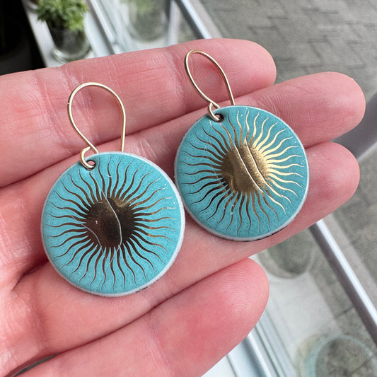 SECONDS/IRREGULAR Gold and Teal Green Accents on Light Seafoam Green Enamel Disc Earrings